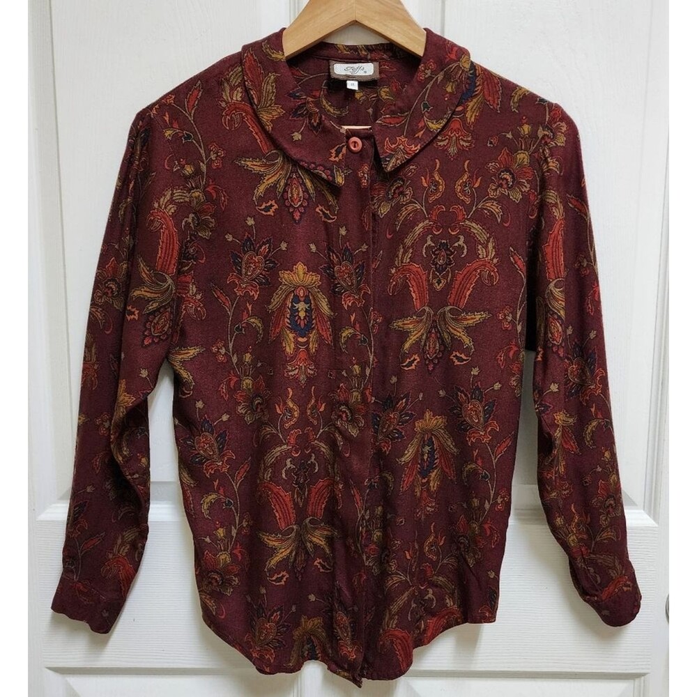 Toffs Burgandy Paisley Peter Pan Collar Button Long Slv Top Womens 8 Vtg Preppy